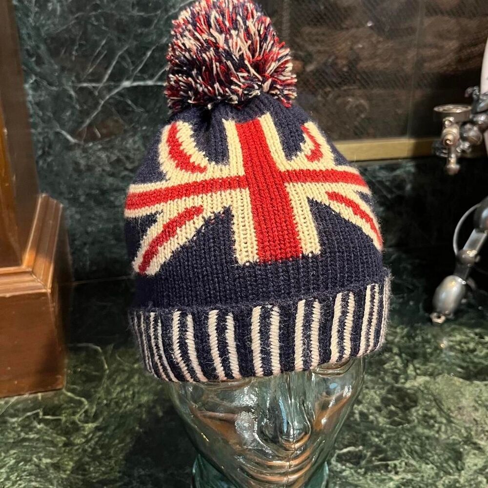 Early 2000s England Flag Puffball Red White and Blue Thick beanie